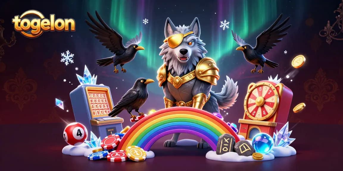 Engage with togelon on an animated journey through a vibrant lottery world filled with golden armor, chips, and dynamic game elements.