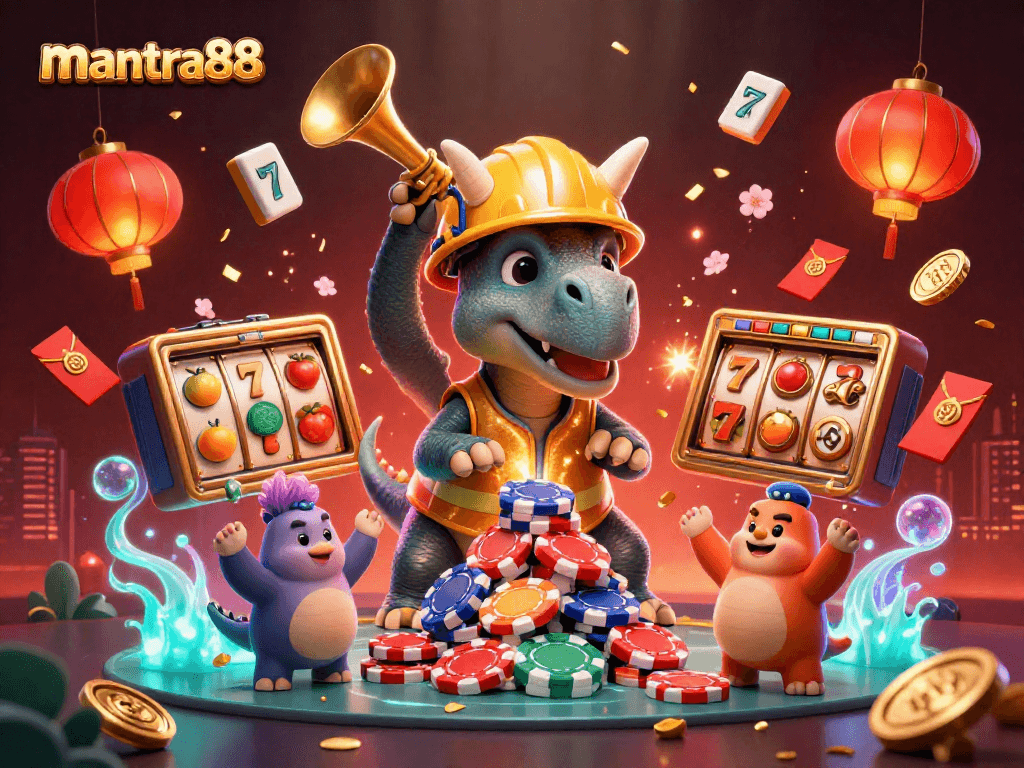 Experience thrilling wins at mantra88 with a dynamic casino scene featuring 3D characters and games.