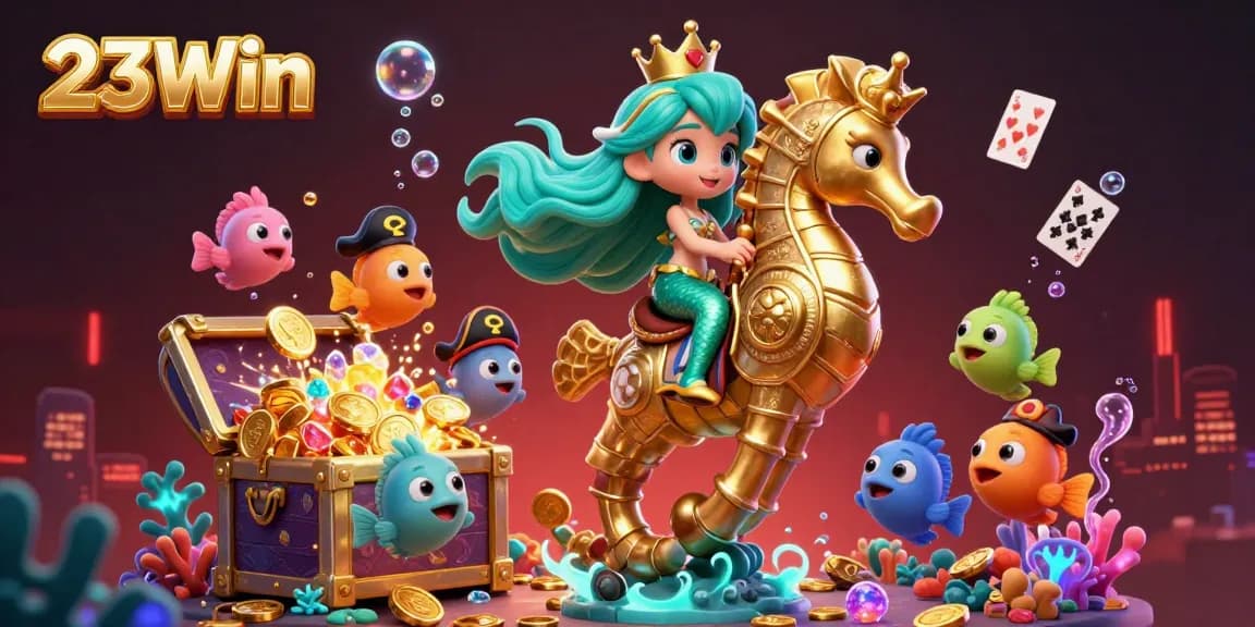Experience the excitement of 23Win with a vibrant 3D mermaid princess riding a golden seahorse amidst treasure and casino elements.
