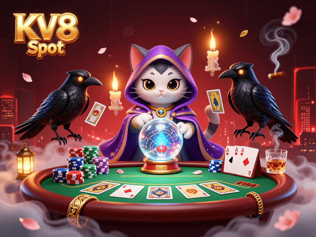 Experience the magic of KV8 Slot with a vibrant 3D casino scene full of mystics and gaming elements.