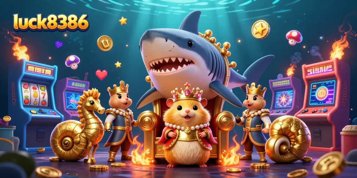 Experience the excitement of gaming at luck8386 with a golden hamster king on a megalodon throne.