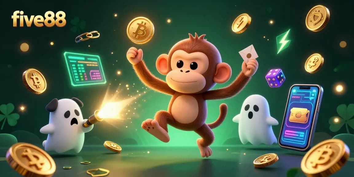 Watch the five88 monkey juggle gold coins and cards in a haunted casino.