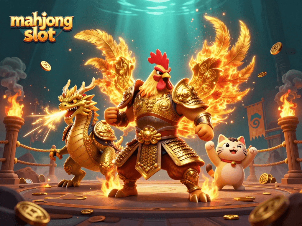 Play mahjong slot with a dynamic battle scene featuring warrior and dragon characters in ornate armor and gold details.