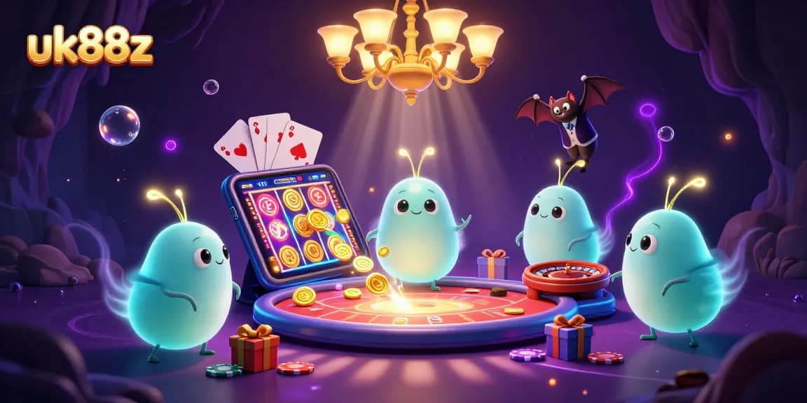 Engage in fun gaming with uk88z at a bioluminescent cave casino featuring vibrant animated characters.