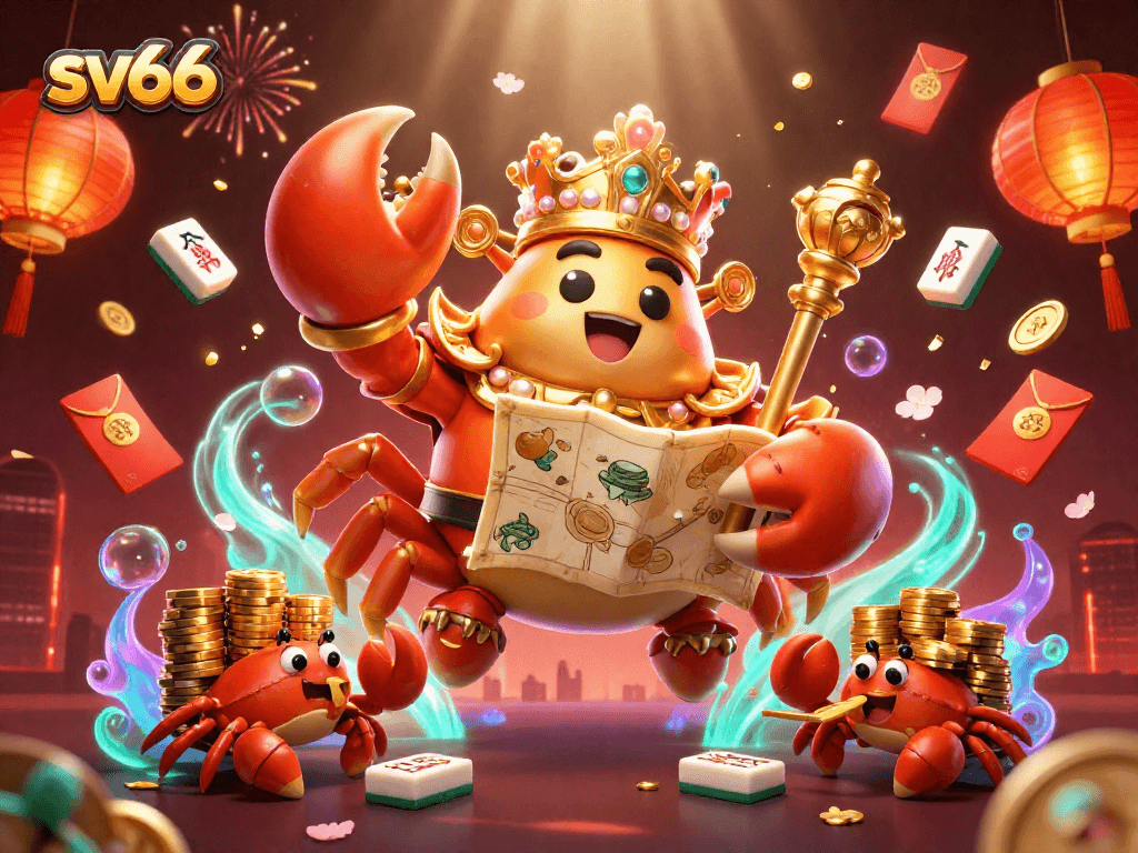 Experience the thrilling games at sv66 with a vibrant 3D casino illustration featuring a golden crab emperor.