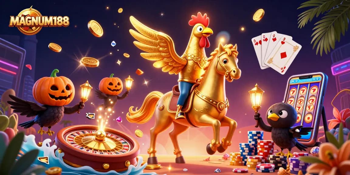 Experience thrilling gameplay at MAGNUM188 with dynamic golden coins, vibrant poker chips, and a spectacular casino atmosphere.