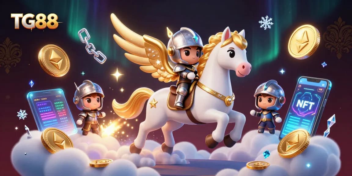Experience the thrill of TG88 with a celestial horse and crypto elements in an engaging casino scene.