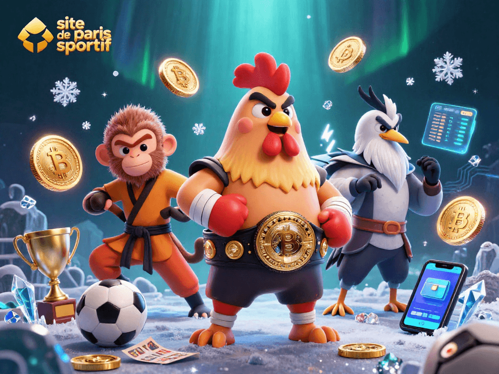 Pariez sur le site de paris sportif avec un coq de Muay Thai et des éléments sportifs dynamiques.