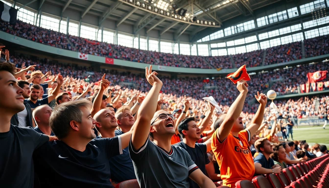 Menampilkan bolakami saat para penggemar sepak bola bersorak di stadion.