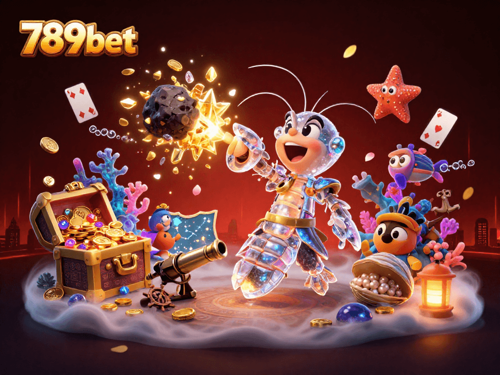 Experience the excitement of 789bet with this vibrant illustration showcasing a galactic samurai mantis shrimp and treasure elements.