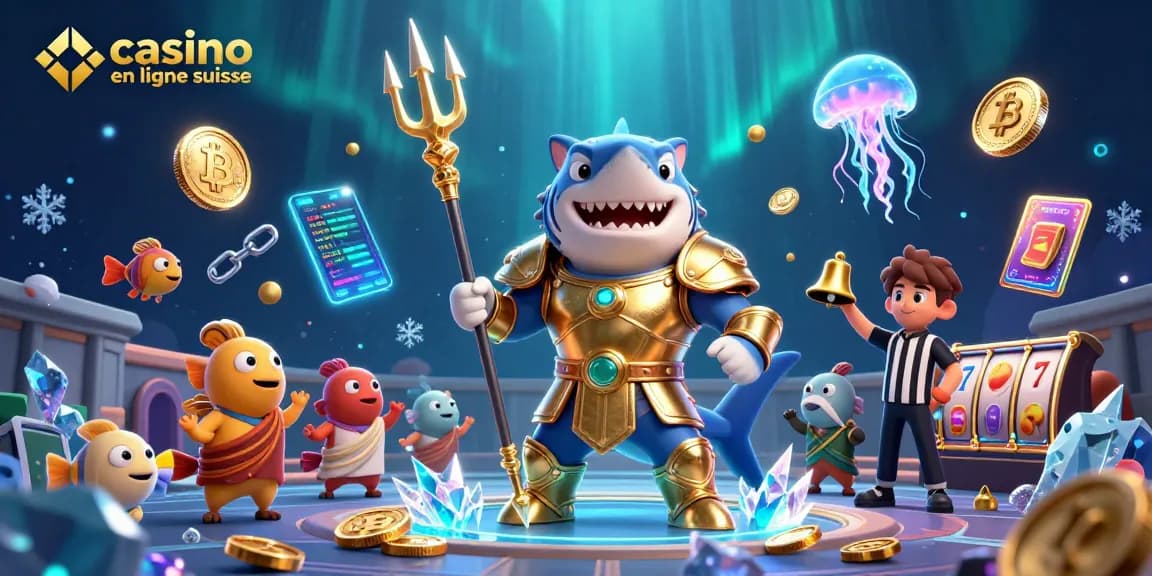 Illustration dynamique d'un casino en ligne suisse avec un requin tueur en armure, des poissons en toges et jetons de crypto-monnaie.