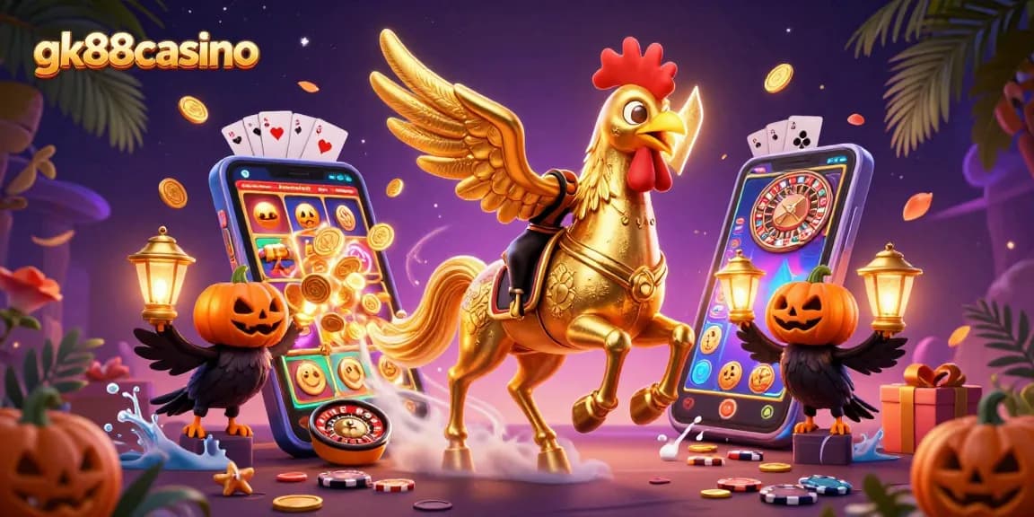 Experience thrilling action at gk88casino with a golden rooster and spectral horse in a vibrant casino setting.