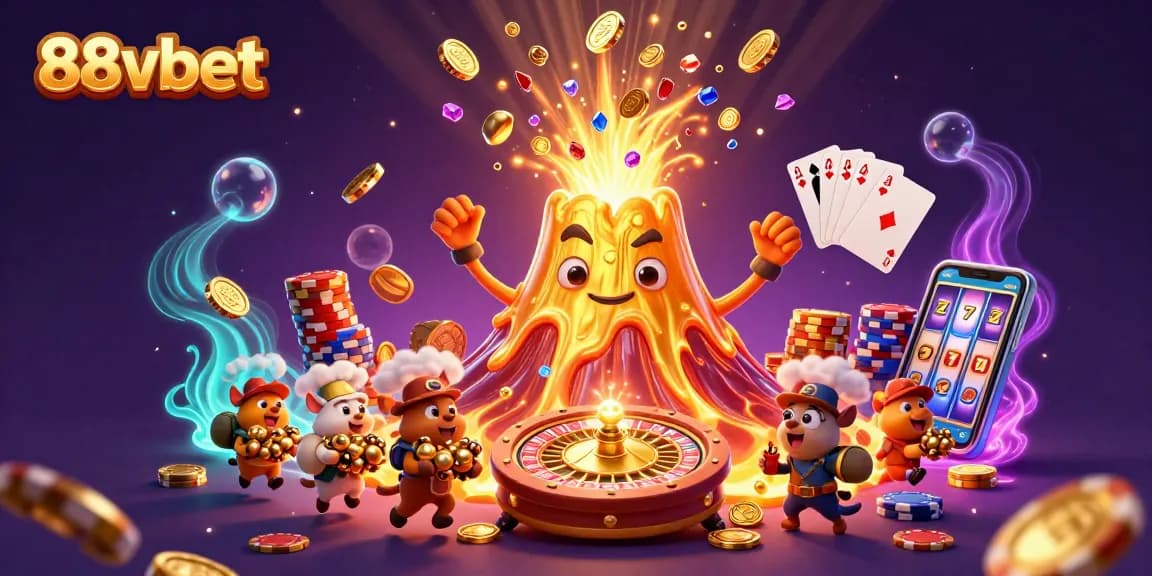 Experience the excitement of 88vbet with golden treasures and thrilling casino action in a vibrant 3D scene.