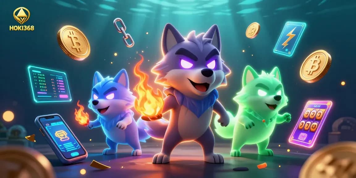 Win big with HOKI368 in a vibrant 3D casino scene featuring slot reels and ghostly wolves!