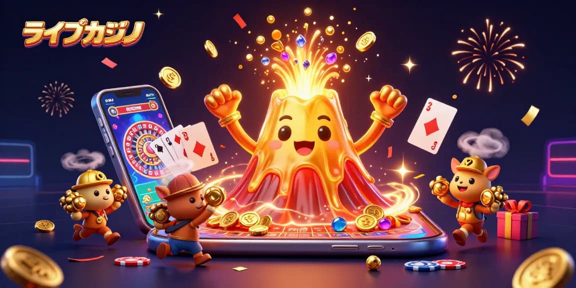 ライブカジノの魅力を探る、エネルギー溢れるカジノシーンを表現したイラスト