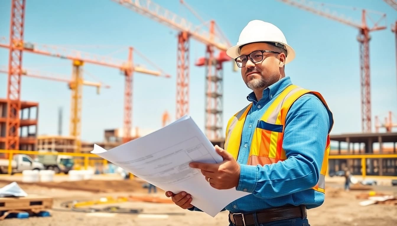 New Jersey General Contractor overseeing a construction project with blueprints in a busy environment.