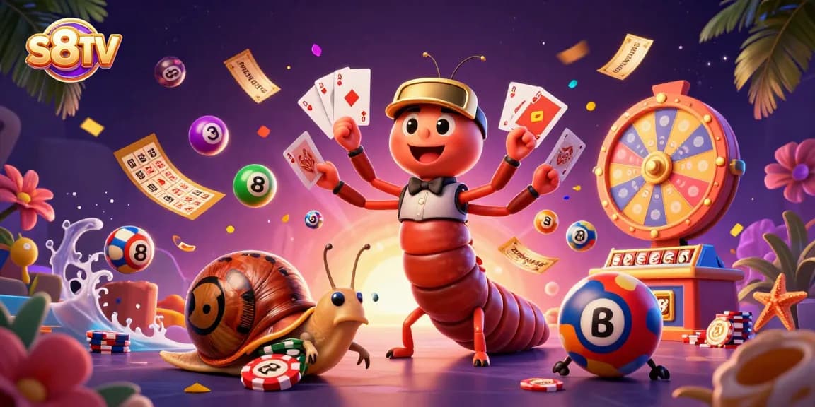 S8TV showcases a vibrant 3D scene with a millipede dealer and lottery elements for immersive online gaming.