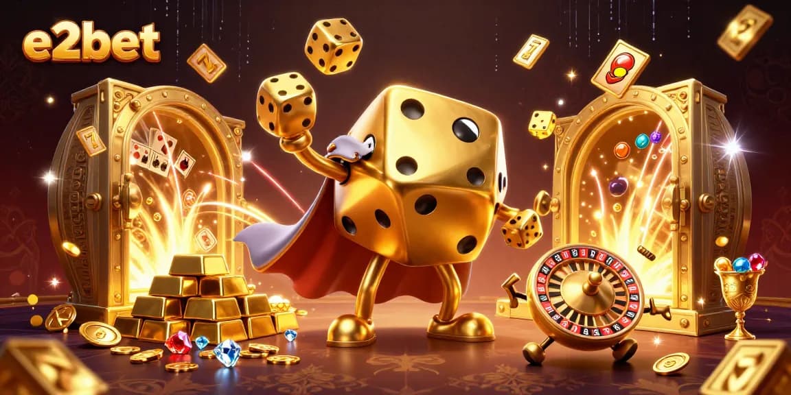 Engage with e2bet's vibrant 3D illustration showcasing casino excitement and golden treasures.