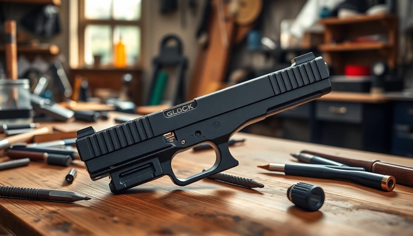 Showcasing glock 17 slides on a workbench, highlighting craftsmanship details and tools.