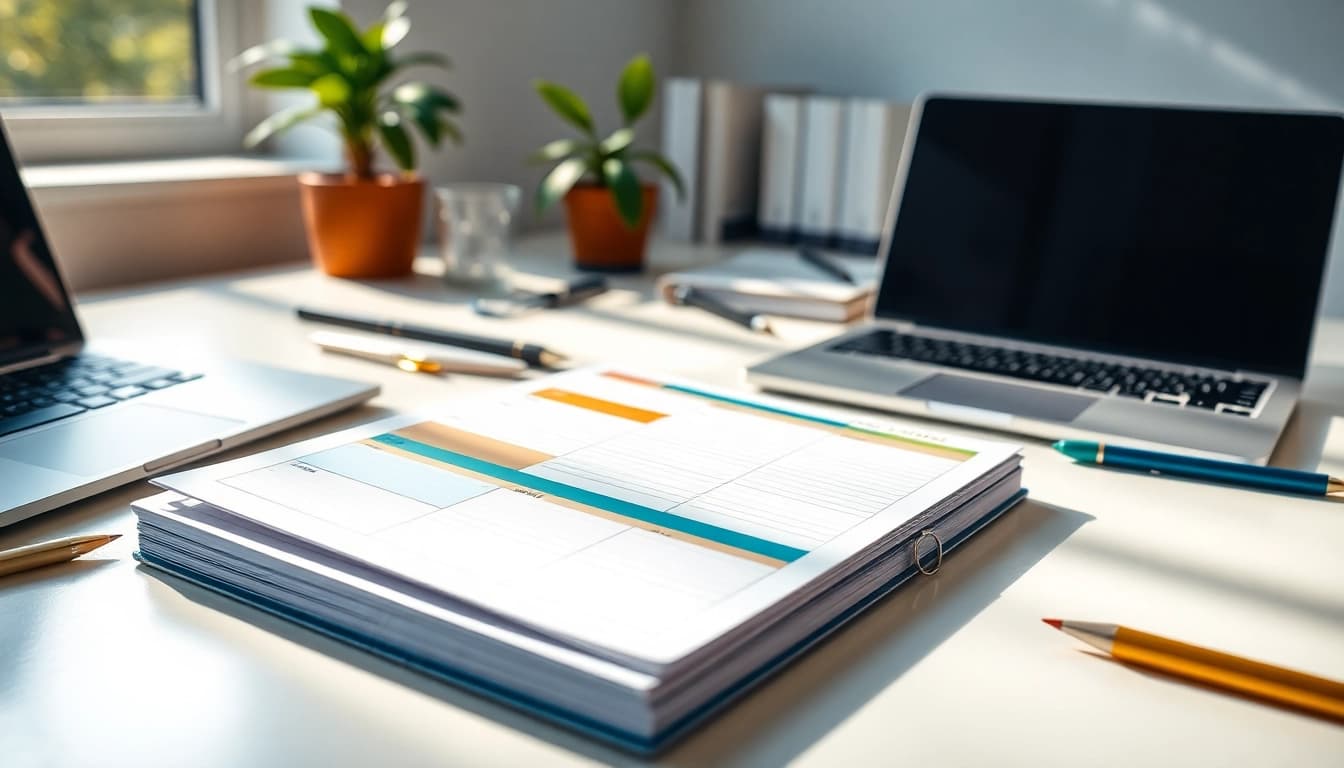 Get Your Free Planner Preview displayed on a modern desk, showcasing an organized workspace with stationery.