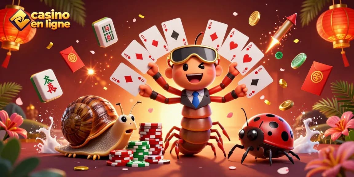 Plongez dans l'univers du casino en ligne avec un dealer millipède et un escargot joueur entourés d'éléments de jeu.