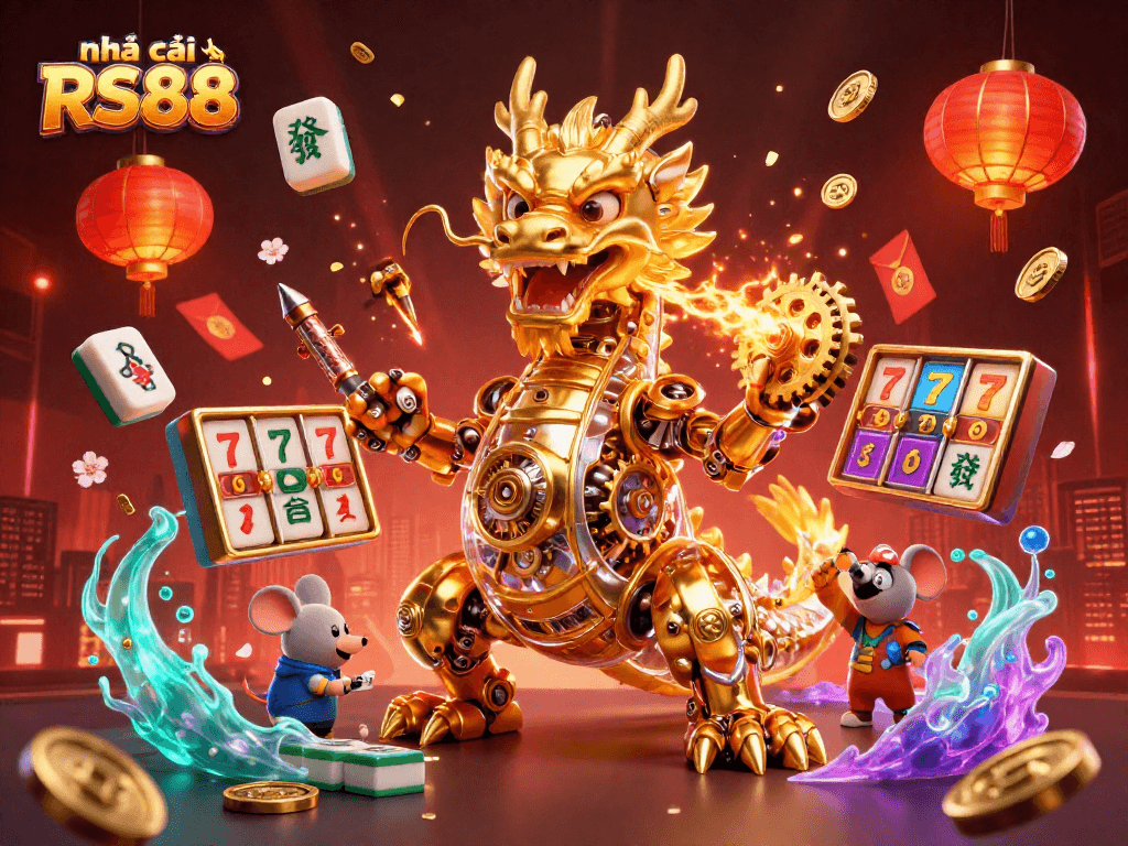 Engage with the action at nhà cái RS88, featuring an exciting 3D scene of a dragon and vibrant casino elements.