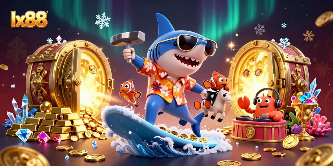 Immerse in the world of lx88 with a playful shark and treasure-filled scene highlighted in dazzling colors.