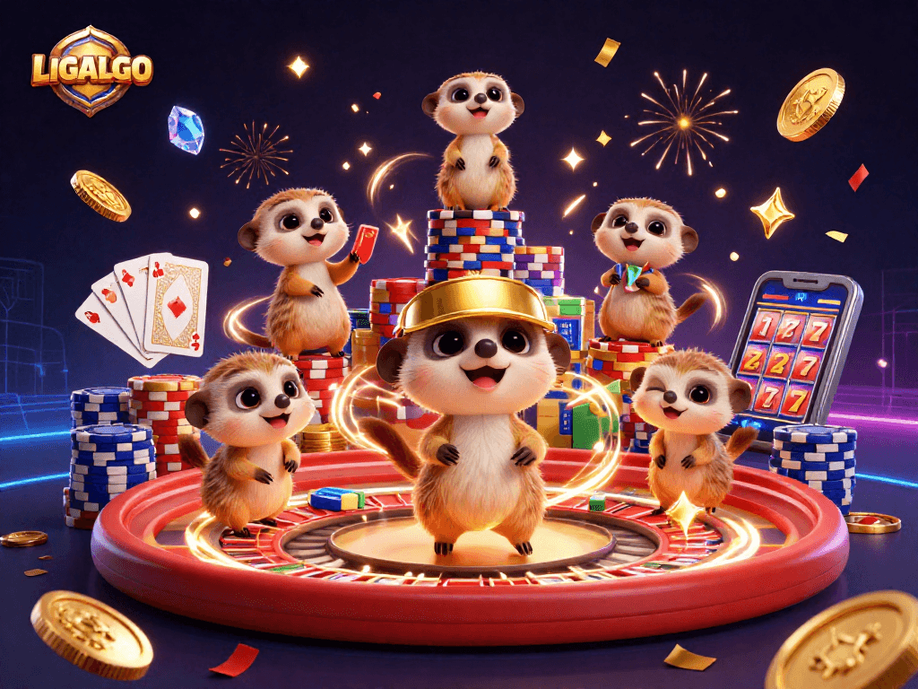 LIGALGO showcases meerkats in a vibrant casino scene, celebrating dynamic wins with coins and colorful poker chips.