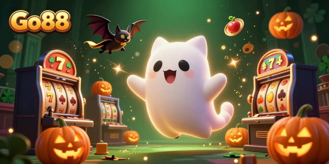 Play thrilling games at Go88 with a cartoon ghost cat and vampire bat in an enchanting casino atmosphere.