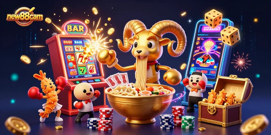Win big in exciting games at new88cam with a vibrant 3D casino scene full of joyful characters and elements.