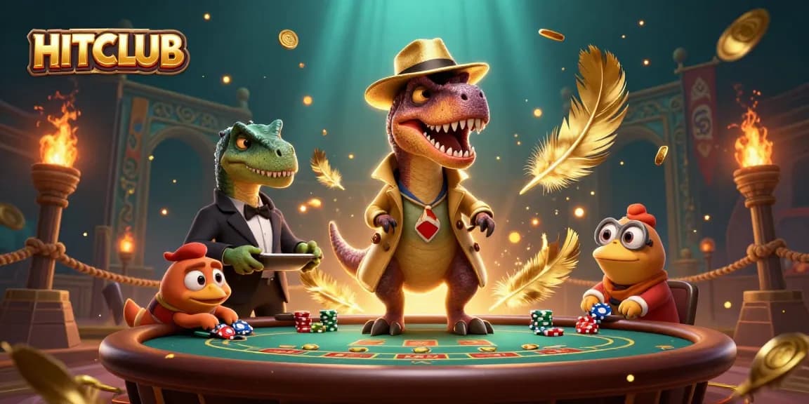 Experience the thrilling HITCLUB environment where a velociraptor engages in blackjack amidst vibrant casino elements.