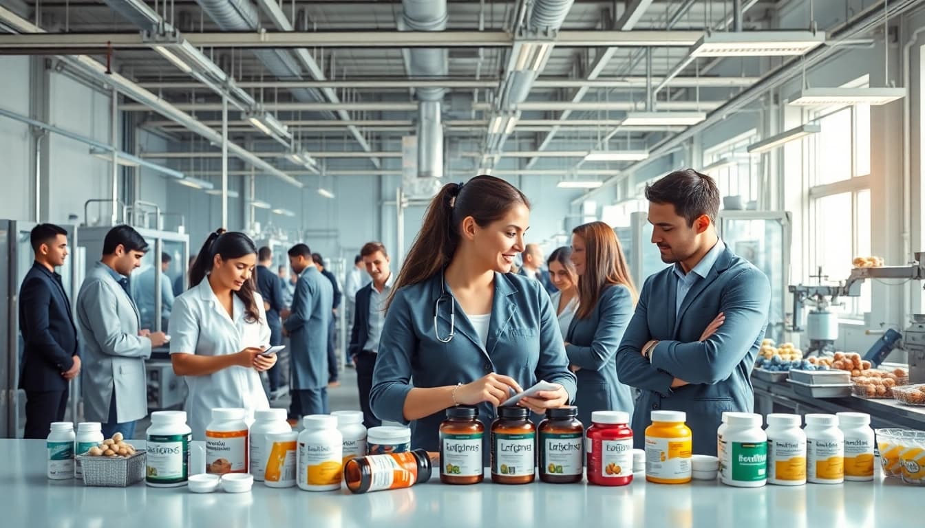 Private Label Supplement Manufacturer team collaborating in a modern facility with vibrant supplements.