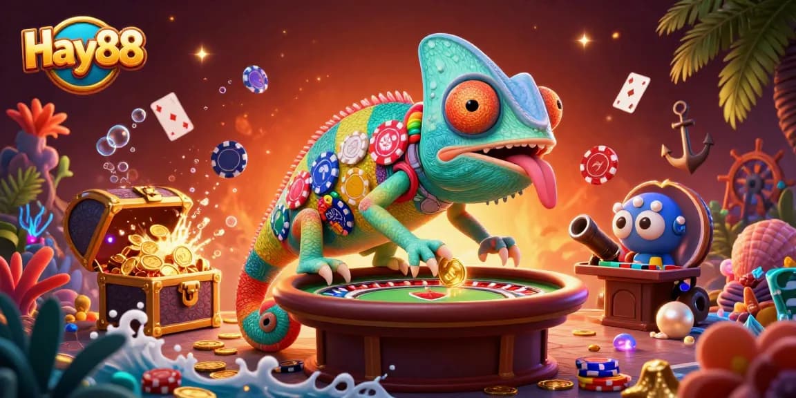Engage in thrilling gaming at Hay88 with a vibrant chameleon casino owner amid a treasure-filled underwater scene.