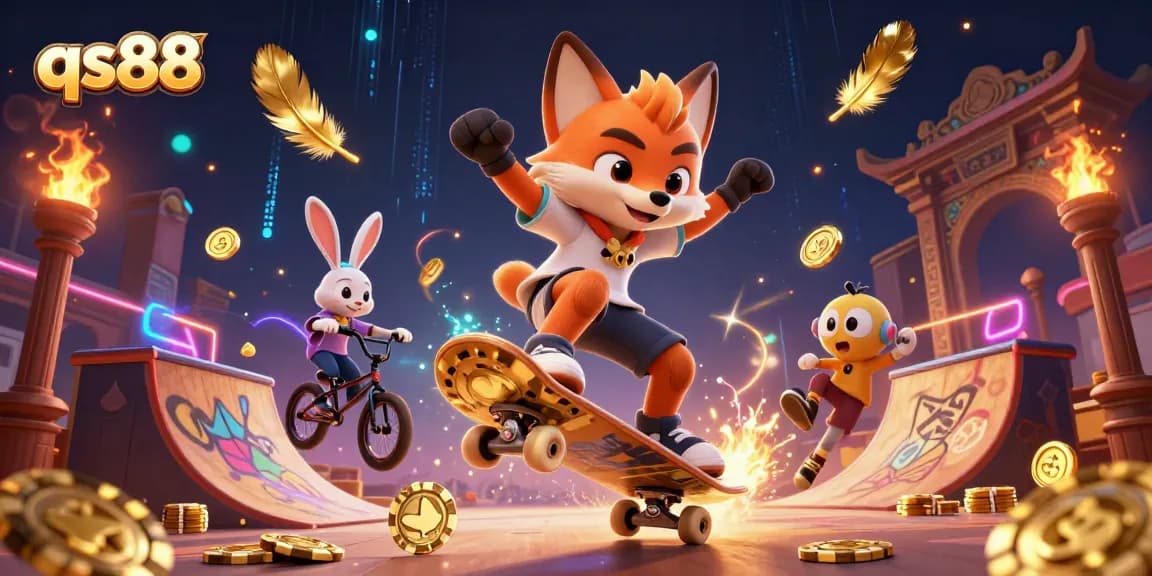 Experience excitement at qs88 with a dynamic casino-themed 3D scene featuring energetic cartoon characters.