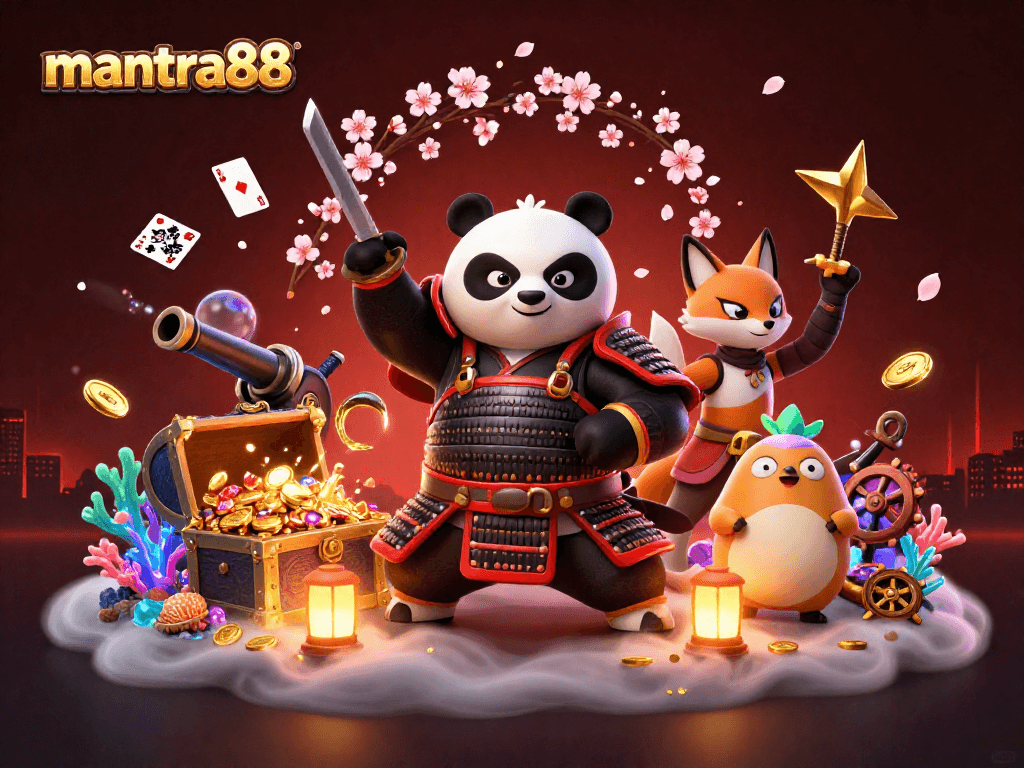 Engage in thrilling gameplay with mantra88 in this vibrant, dynamic casino-themed illustration.