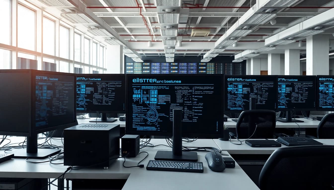 Illustration of enterprise network services in a modern office showcasing technology integration.