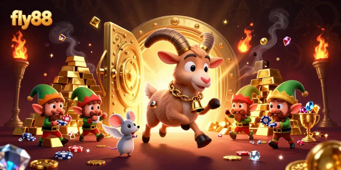 Fly88 casino scene with Krampus goat and charming elements like poker and treasure.