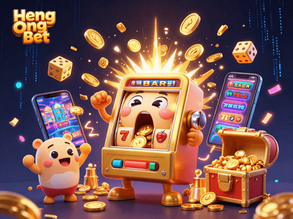 Experience the excitement of Heng Ong Bet with a lively 3D illustration showcasing fun slot machines hitting jackpots amid golden coins.