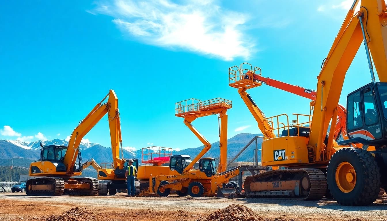 Discover Columbia falls equipment rental options with diverse machinery in a vibrant construction scene