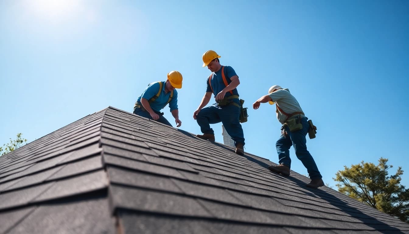 Roofing experts working on a Twinsburg OH roofing company project, demonstrating quality service.