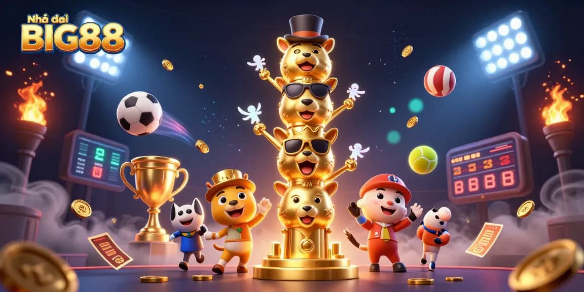 Engage with Nhà cái BIG88 through an exciting casino scene showcasing dynamic sports betting elements and a golden totem pole.
