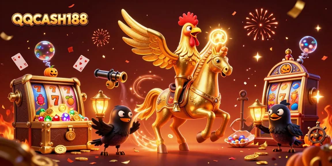 Experience the thrilling adventure of QQCASH188 as a golden rooster leads the casino scene!