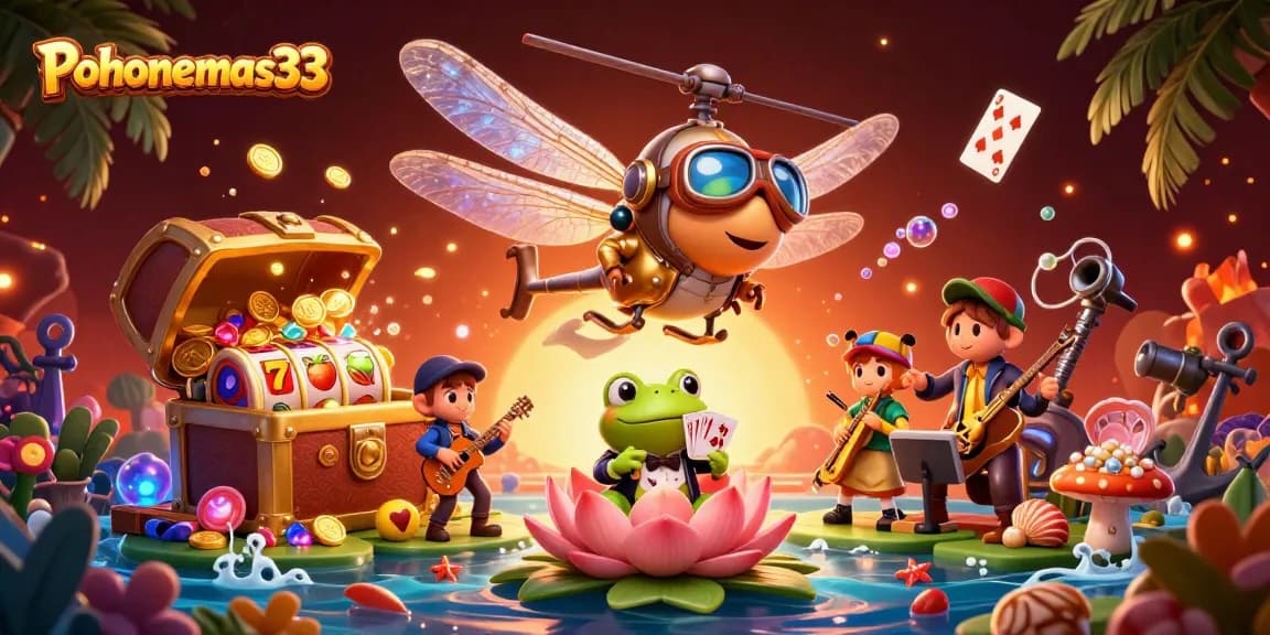 Pohonemas33 welcomes players to a vibrant jackpot casino scene featuring a dragonfly pilot and frog croupier.