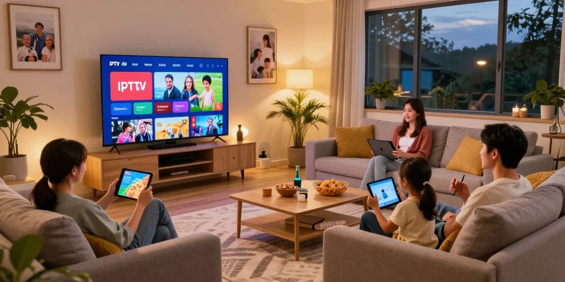 Family enjoying IPTV Norge in a cozy living room with smart TV displaying colorful content.