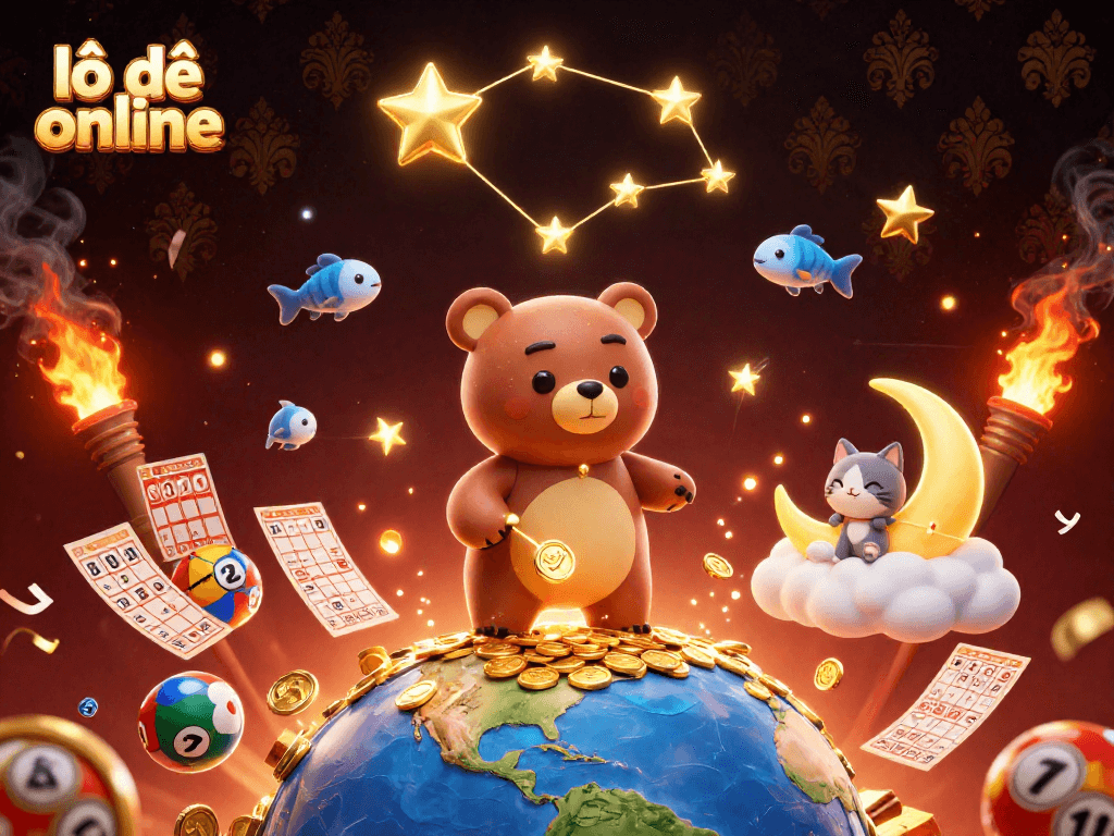 Engage with lô đề online as the whimsical bear scoops coins, surrounded by lottery elements.