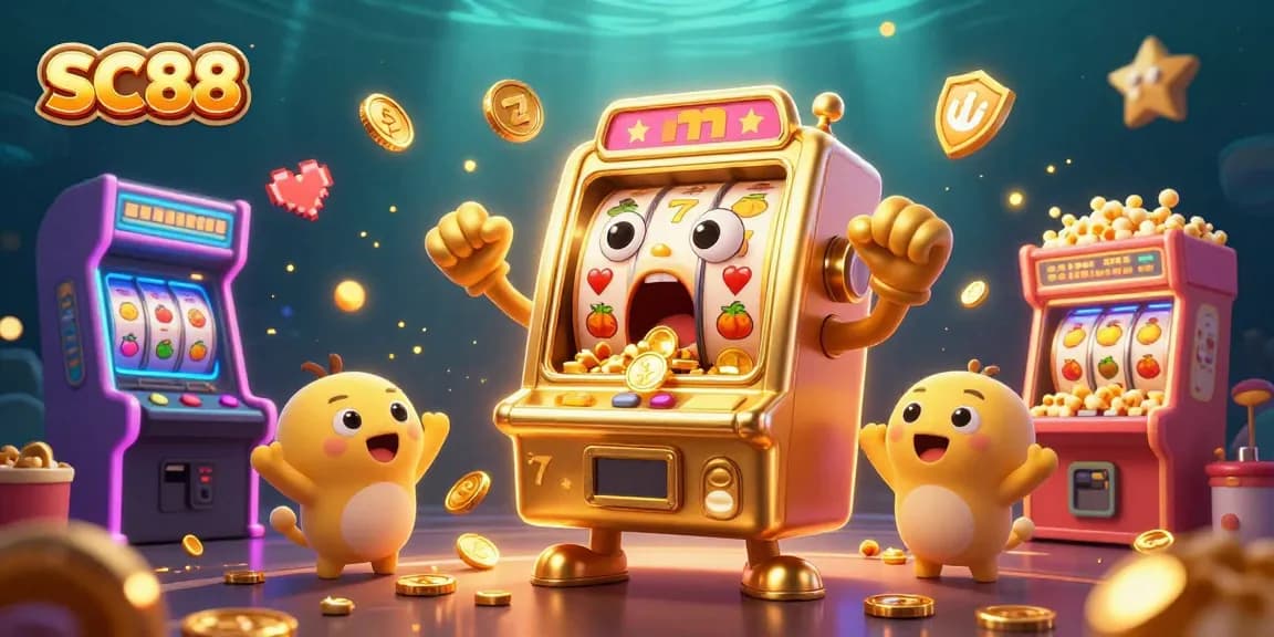 Engaging SC88 themed illustration showcasing vibrant casino elements and lively slot machine characters.
