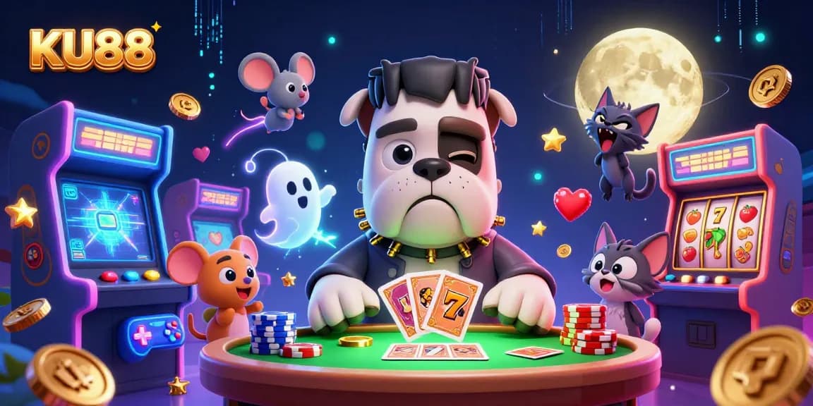 Engaging KU88 illustration showing a bulldog monster dealing cards at a casino table with vibrant slot reels.