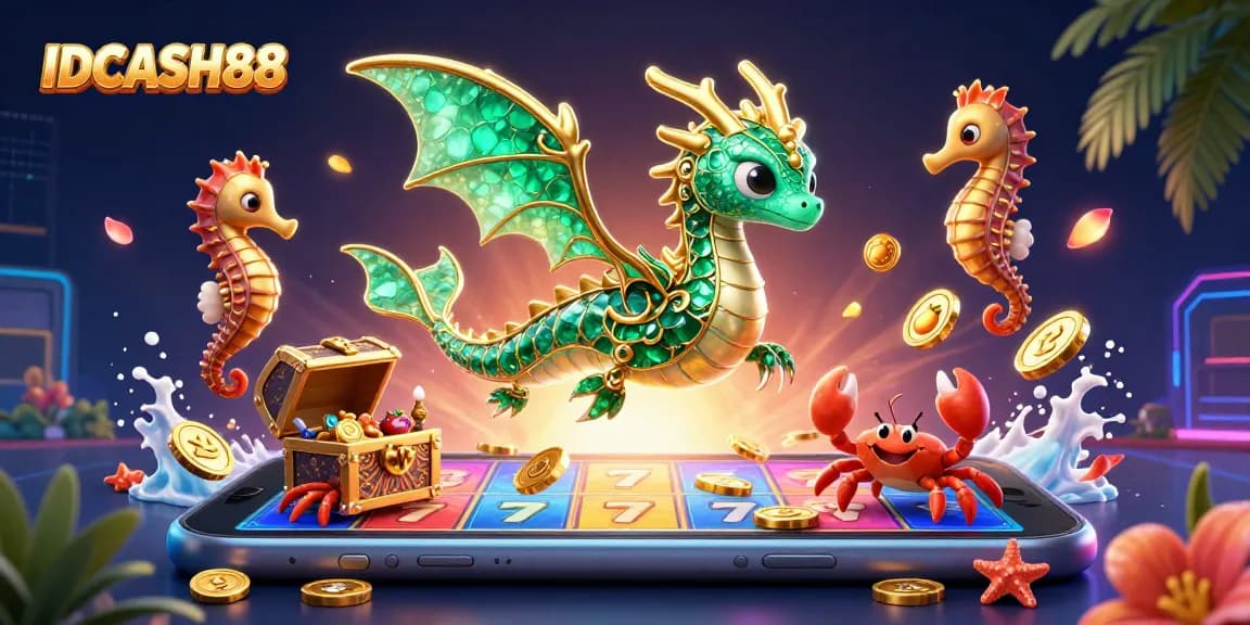 Spin vibrant slots with IDCASH88's emerald sea dragon and treasure chest adventure.