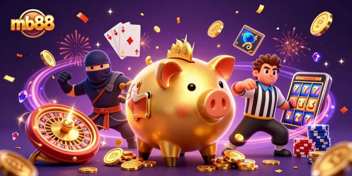 Join the fun with mb88's vibrant 3D casino scene featuring exciting gaming elements!