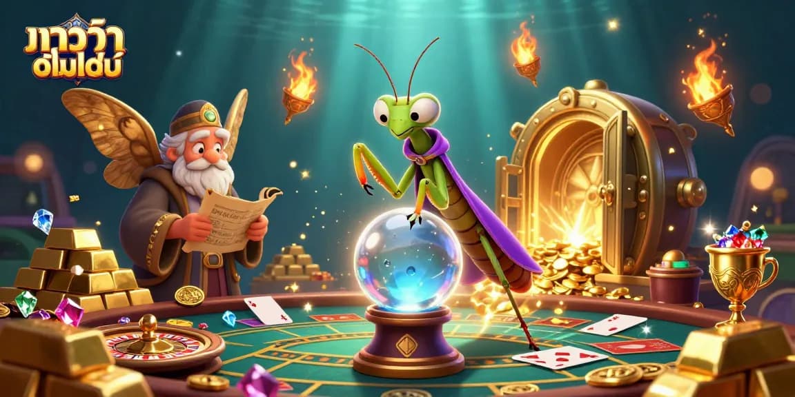 Engage in บาคาร่าออนไลน์ with a mystical scene featuring a fortune teller, librarian, and casino elements.